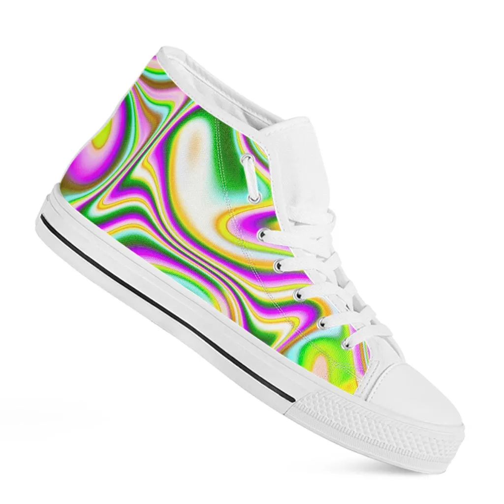 Abstract Holographic Liquid Trippy Print White High Top Sneakers