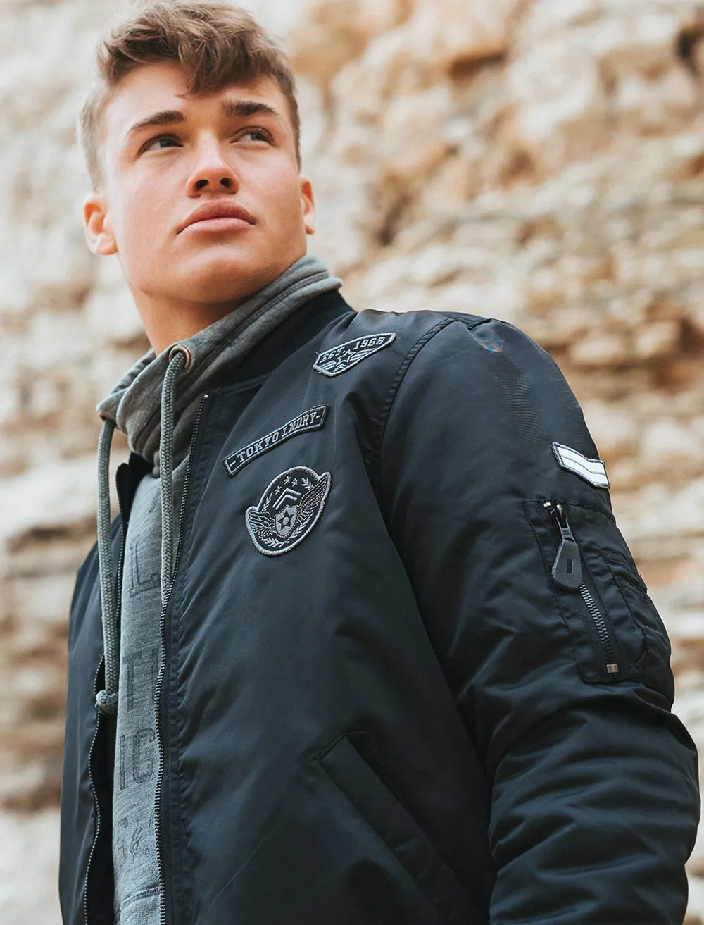 Amalfi Bomber Jacket with Flight Patches in Black - Tokyo Laundry