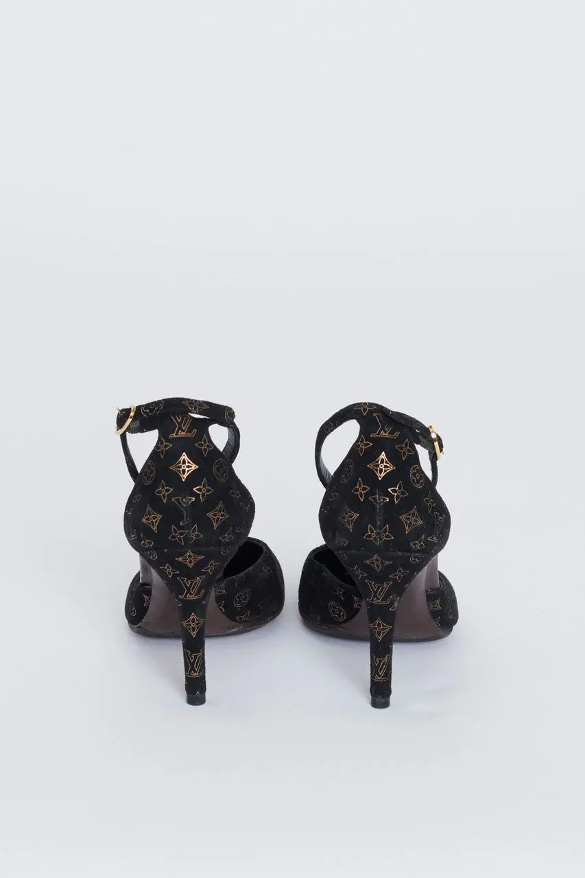 Black And Bronze Monogram Suede Preowned Heels