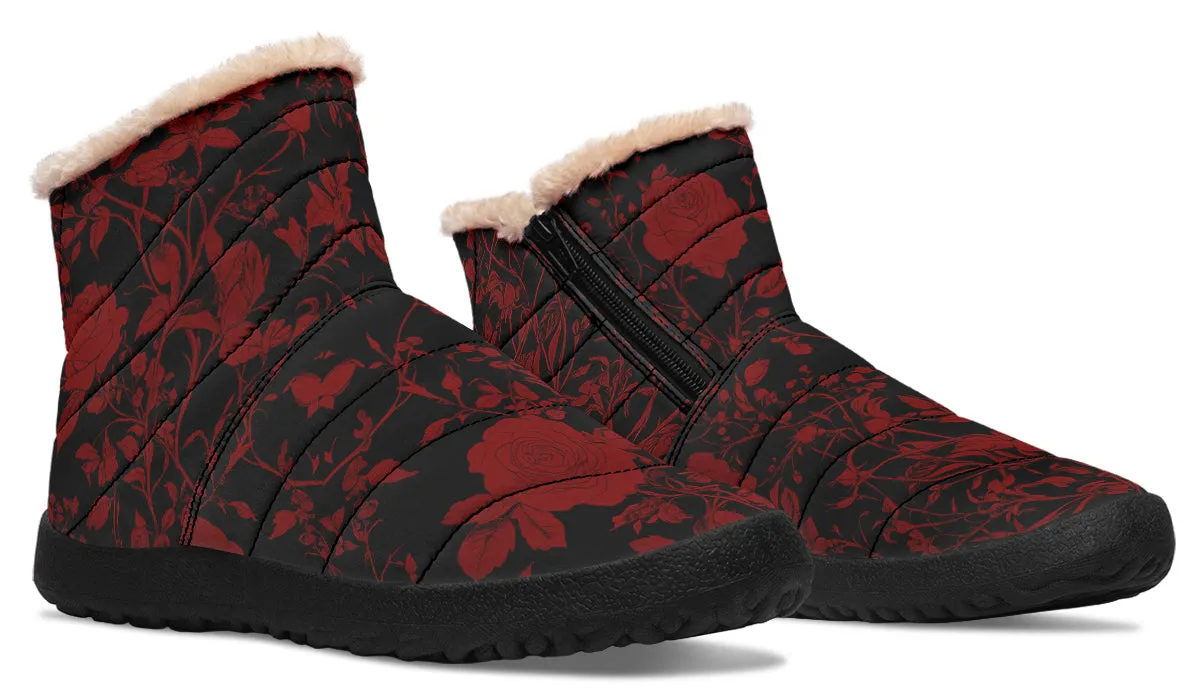 Blood Rose Romance Comfy Winter Boots - Warm Vegan Boots with Side Zipper and Anti-Slip Soles