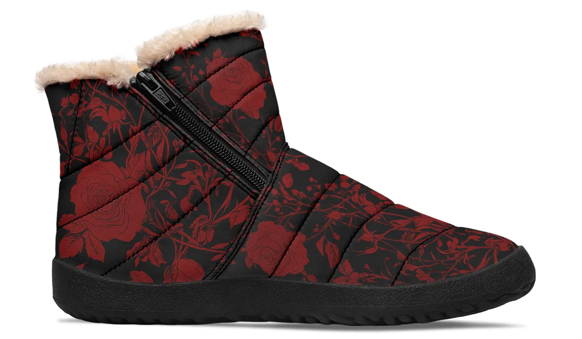 Blood Rose Romance Comfy Winter Boots - Warm Vegan Boots with Side Zipper and Anti-Slip Soles