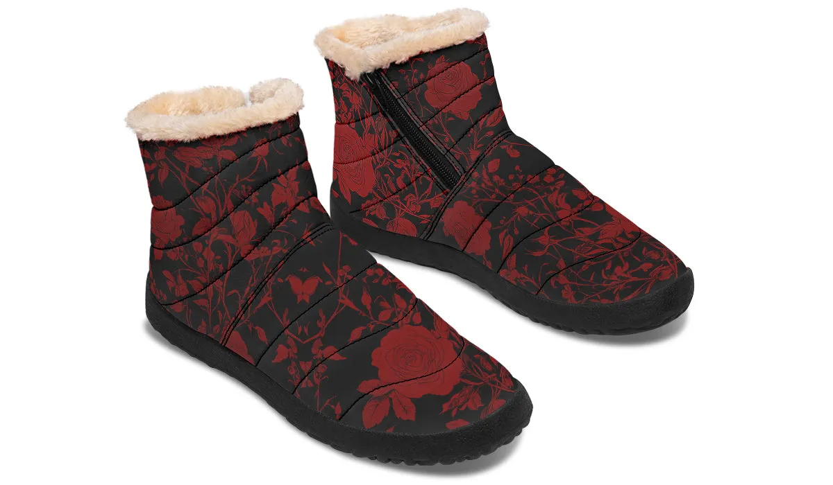 Blood Rose Romance Comfy Winter Boots - Warm Vegan Boots with Side Zipper and Anti-Slip Soles