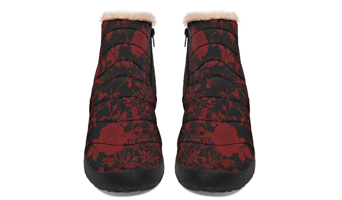 Blood Rose Romance Comfy Winter Boots - Warm Vegan Boots with Side Zipper and Anti-Slip Soles