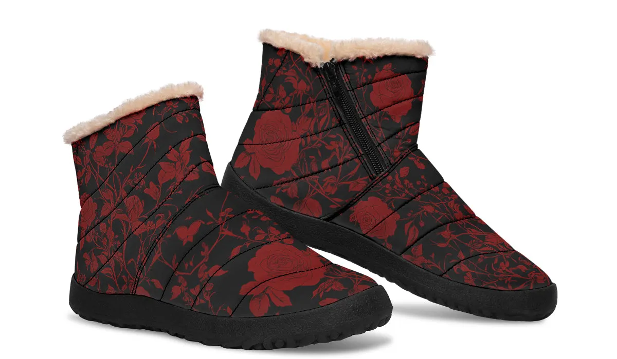 Blood Rose Romance Comfy Winter Boots - Warm Vegan Boots with Side Zipper and Anti-Slip Soles