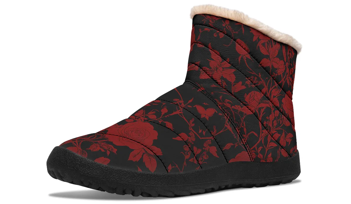 Blood Rose Romance Comfy Winter Boots - Warm Vegan Boots with Side Zipper and Anti-Slip Soles