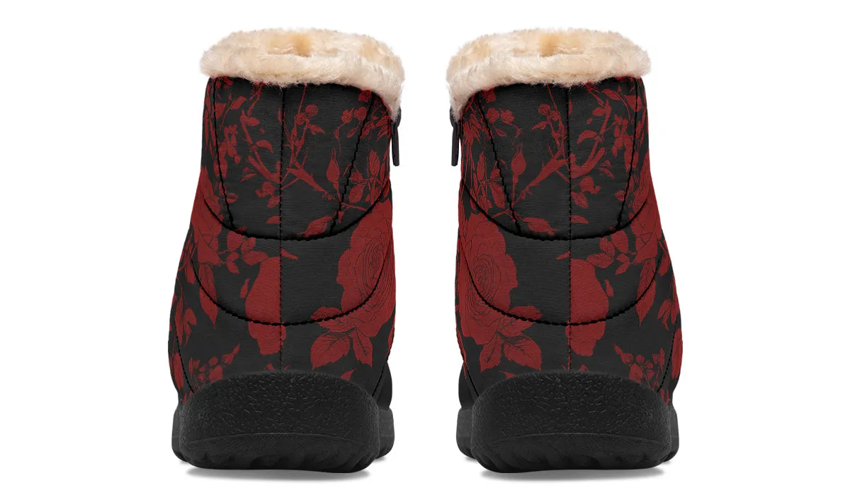 Blood Rose Romance Comfy Winter Boots - Warm Vegan Boots with Side Zipper and Anti-Slip Soles