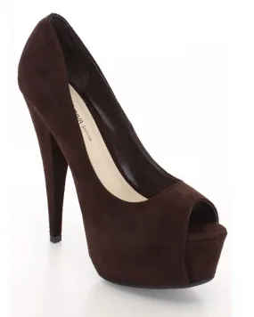 Brown Faux Suede Peep Toe Pump Heels