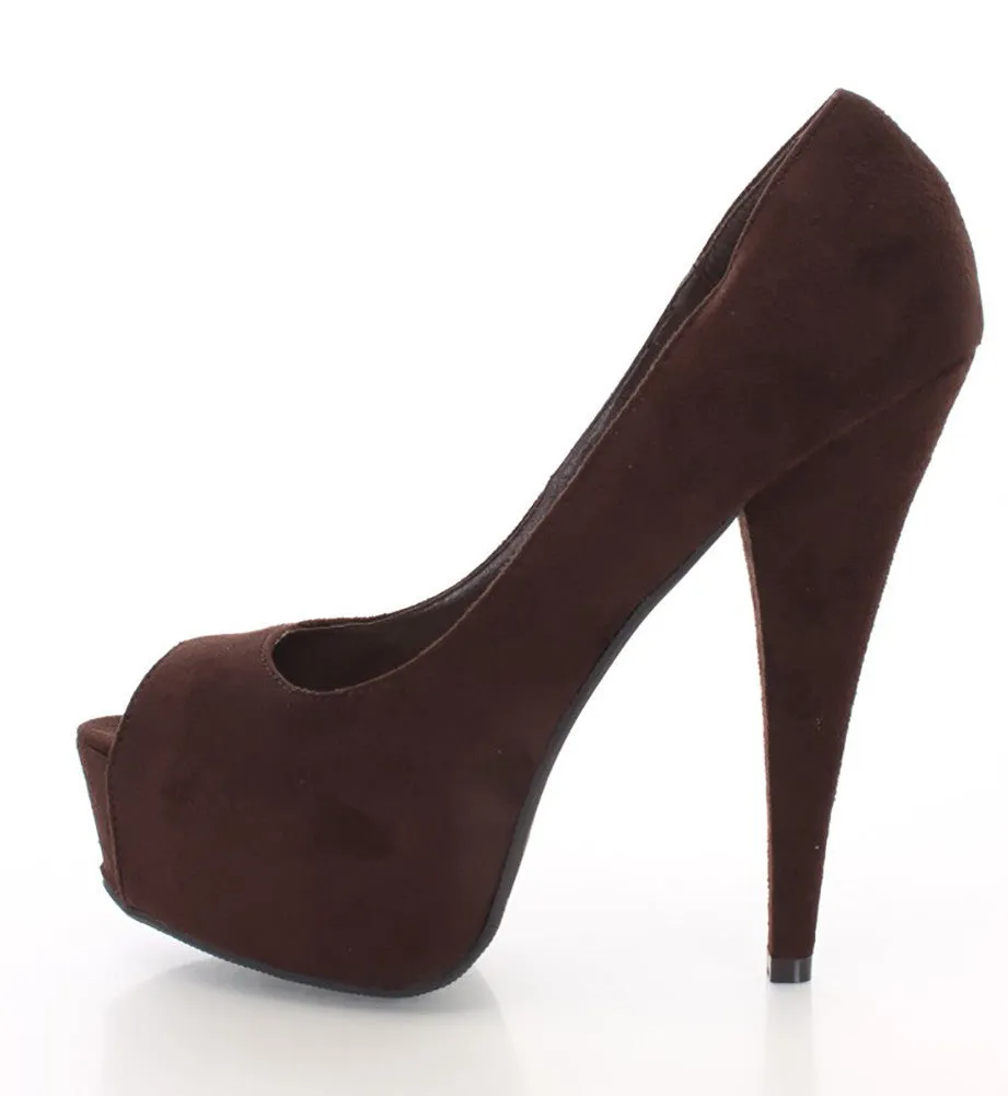 Brown Faux Suede Peep Toe Pump Heels