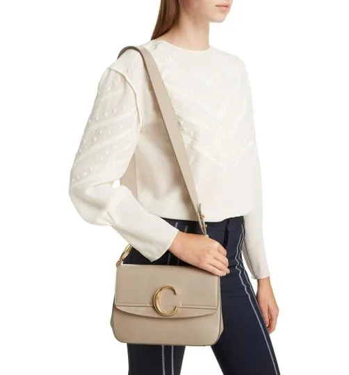 Chloé Small C Suede Trimmed Motty Grey Leather Shoulder Bag