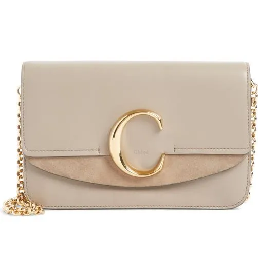 Chloe Shoulder Mini Motty Chain Wallet Grey Leather Cross Body Bag