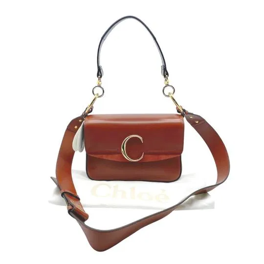 Chloe Small C Suede Trimmed Sepia Brown Leather Shoulder Bag