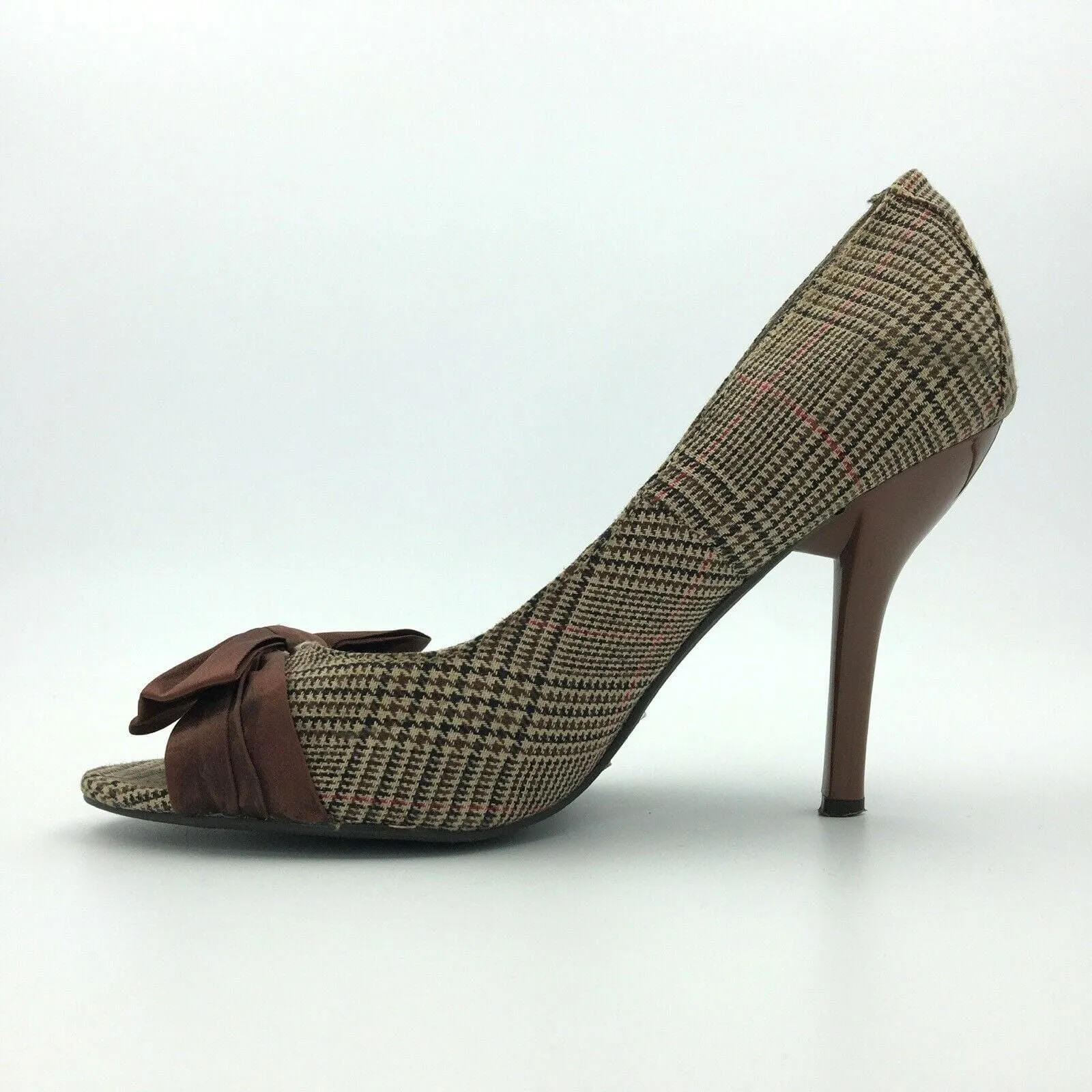 Delicious Womens Size 7.5 Brown Houndstooth Open Toe Bows Heels Pumps Shoes