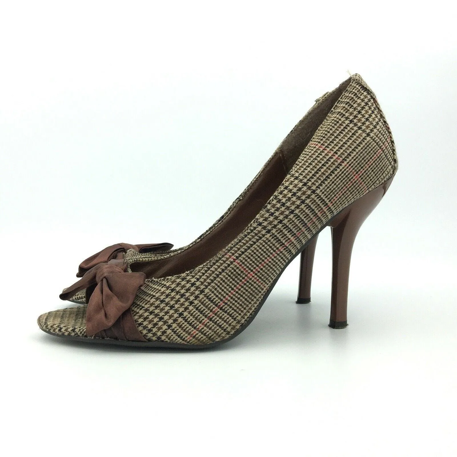 Delicious Womens Size 7.5 Brown Houndstooth Open Toe Bows Heels Pumps Shoes