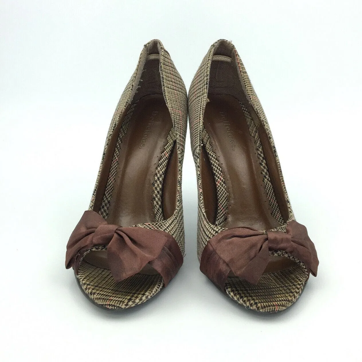 Delicious Womens Size 7.5 Brown Houndstooth Open Toe Bows Heels Pumps Shoes