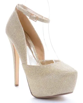 Gold Mesh Sparkle Ankle Strap Stiletto Hidden Platform Pumps