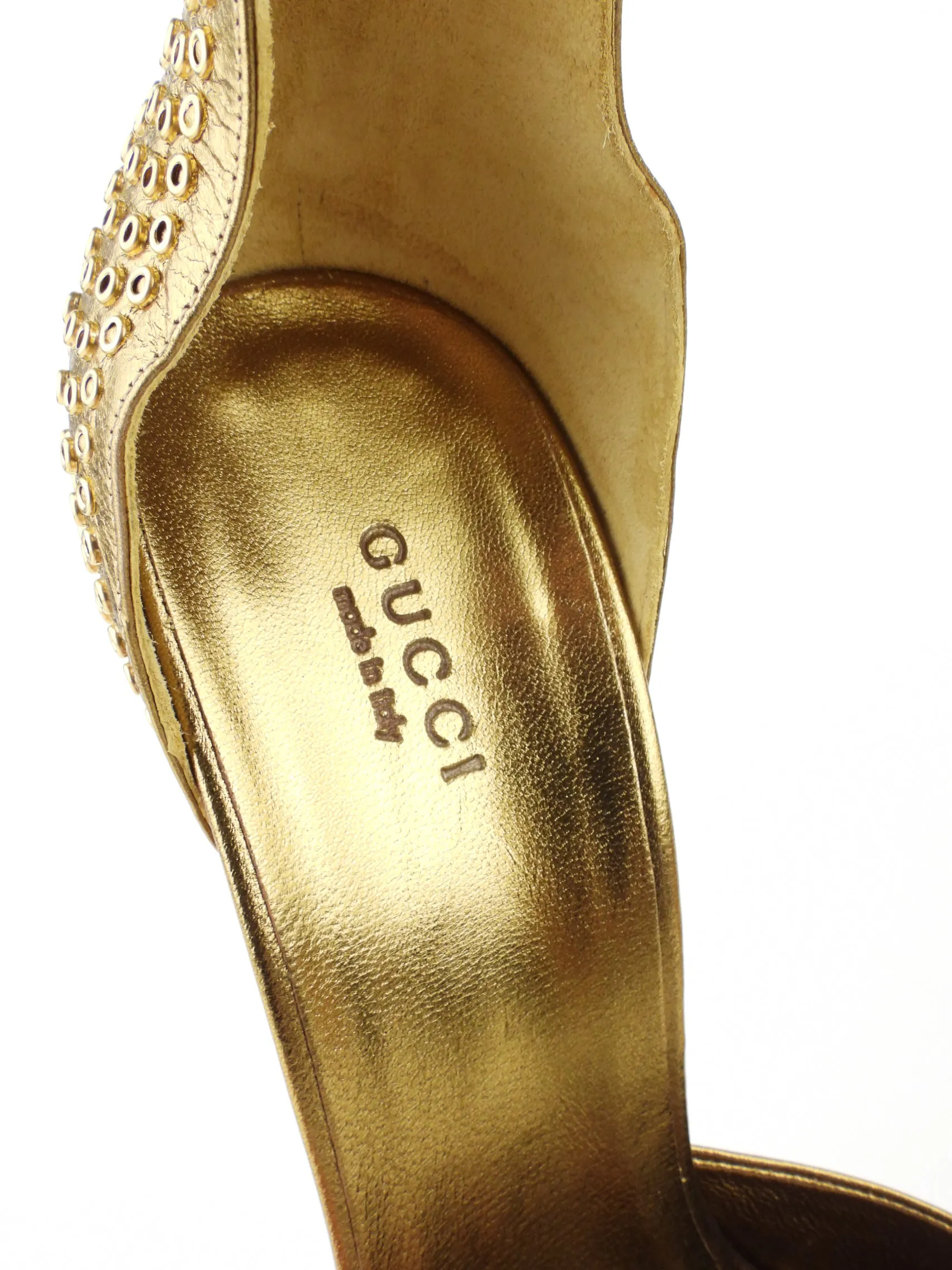 Gucci Gold Metallic Leather Studded Cone Heel Split Toe Pumps - 8