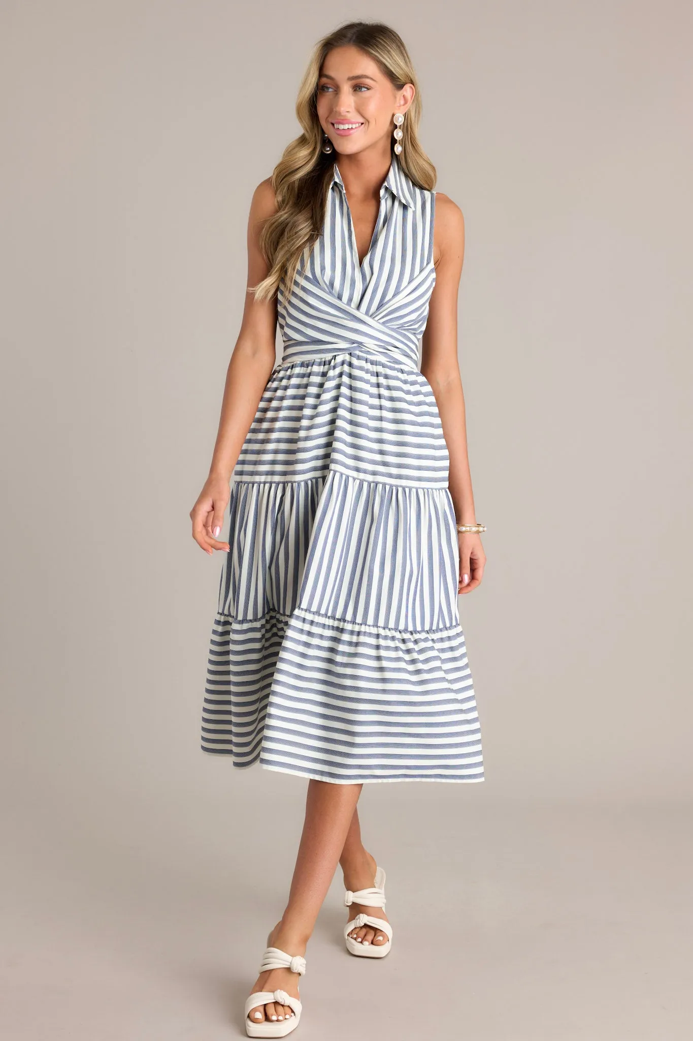 Linear Chic Navy Stripe Collared Midi Dress