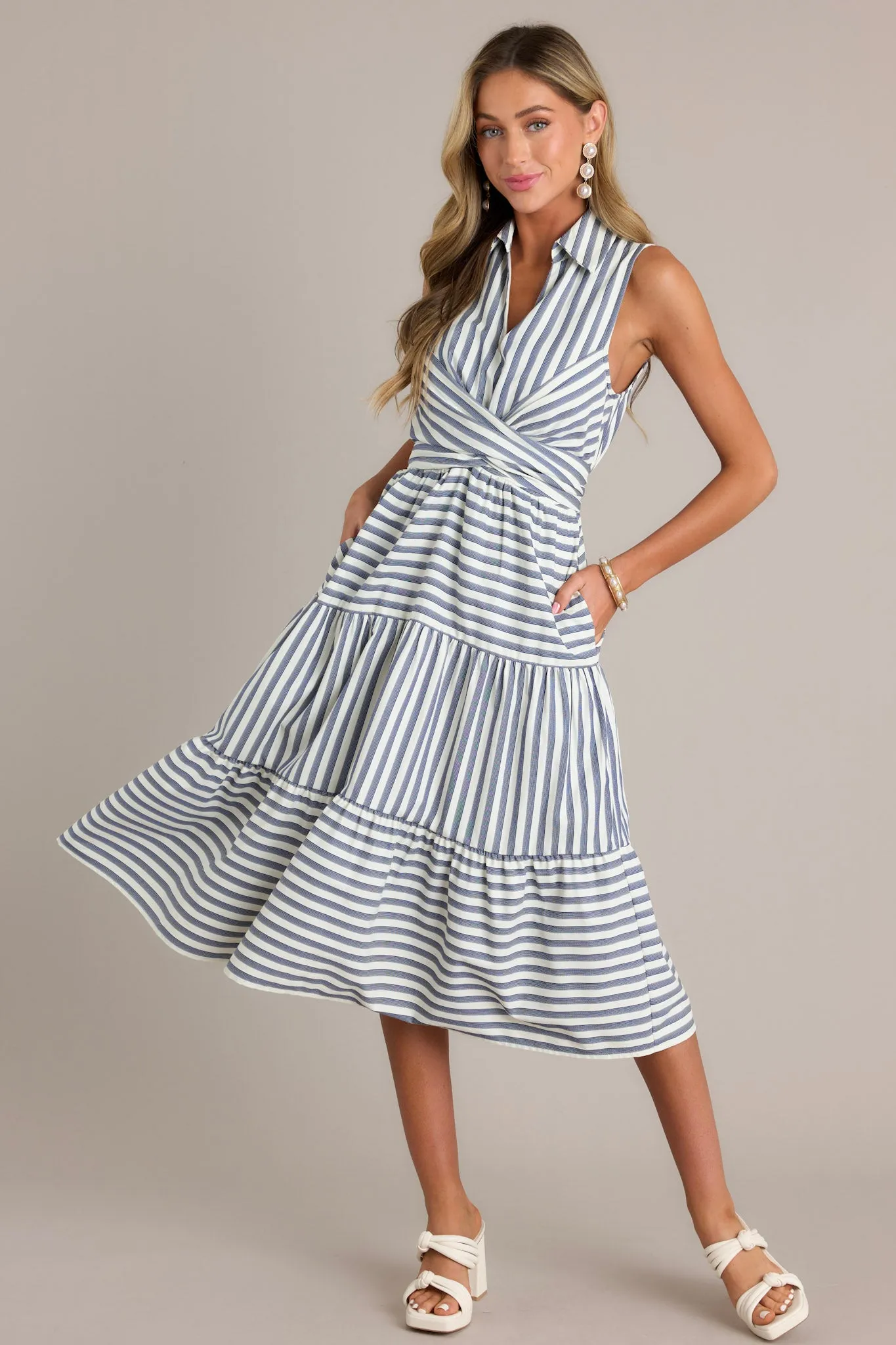 Linear Chic Navy Stripe Collared Midi Dress