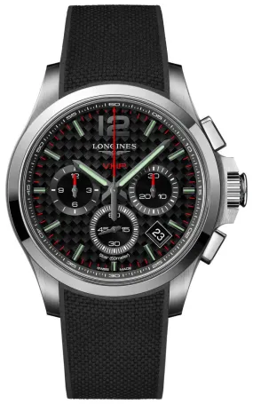 Longines Conquest V.H.P. Chronograph Stainless Steel Black Dial Black Rubber Strap Perpetual Calendar Date Quartz Mens Watch L3.717.4.66.9