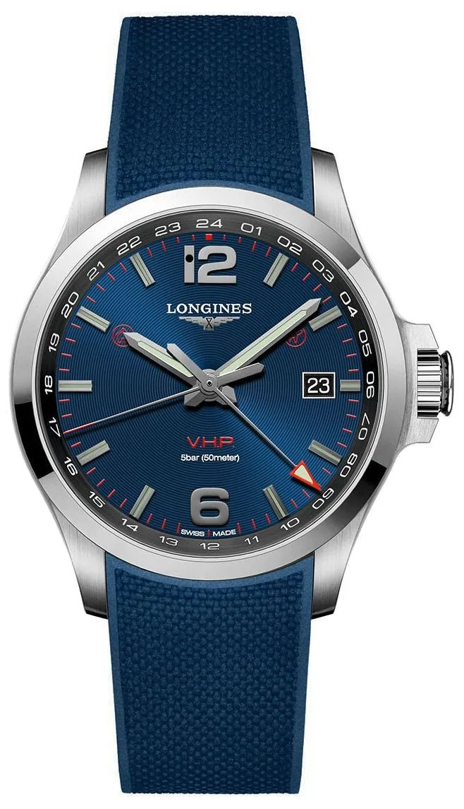 Longines Conquest V.H.P. GMT Stainless Steel Blue Dial Blue Rubber Strap Perpetual Calendar Date Quartz Mens Watch L3.728.4.96.9