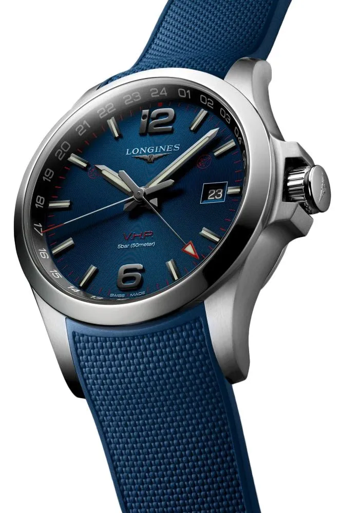 Longines Conquest V.H.P. GMT Stainless Steel Blue Dial Blue Rubber Strap Perpetual Calendar Date Quartz Mens Watch L3.728.4.96.9