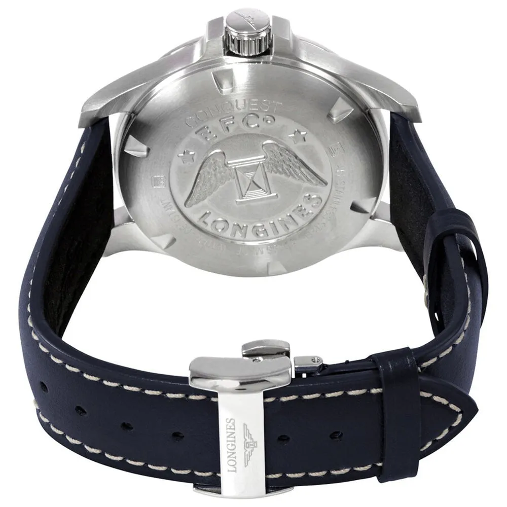 Longines Conquest V.H.P. Stainless Steel Blue Dial Blue Leather Strap Perpetual Calendar Date Quartz Mens Watch L3.716.4.96.0