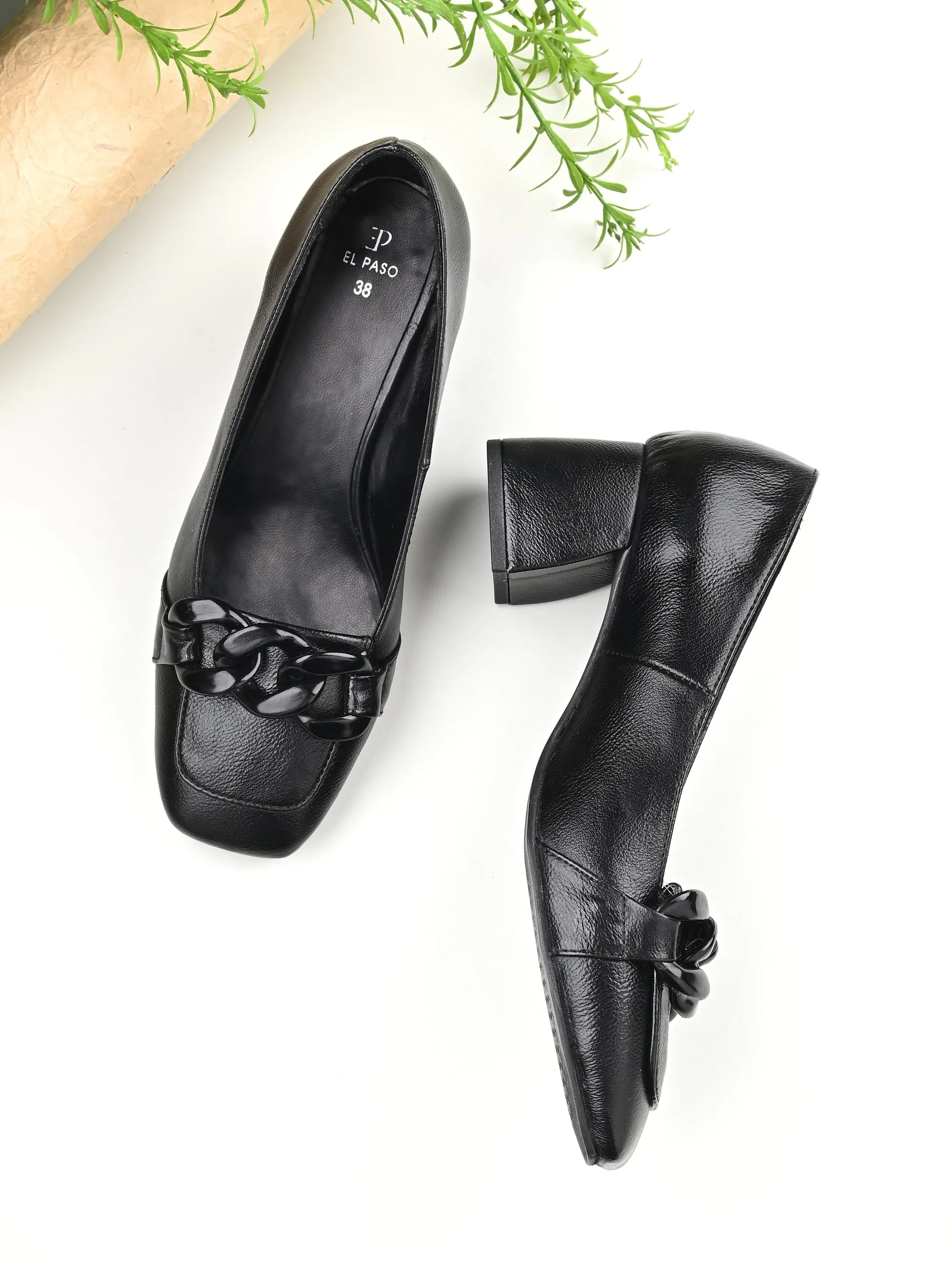 Luxurious Jet Black Leather Pump For Women