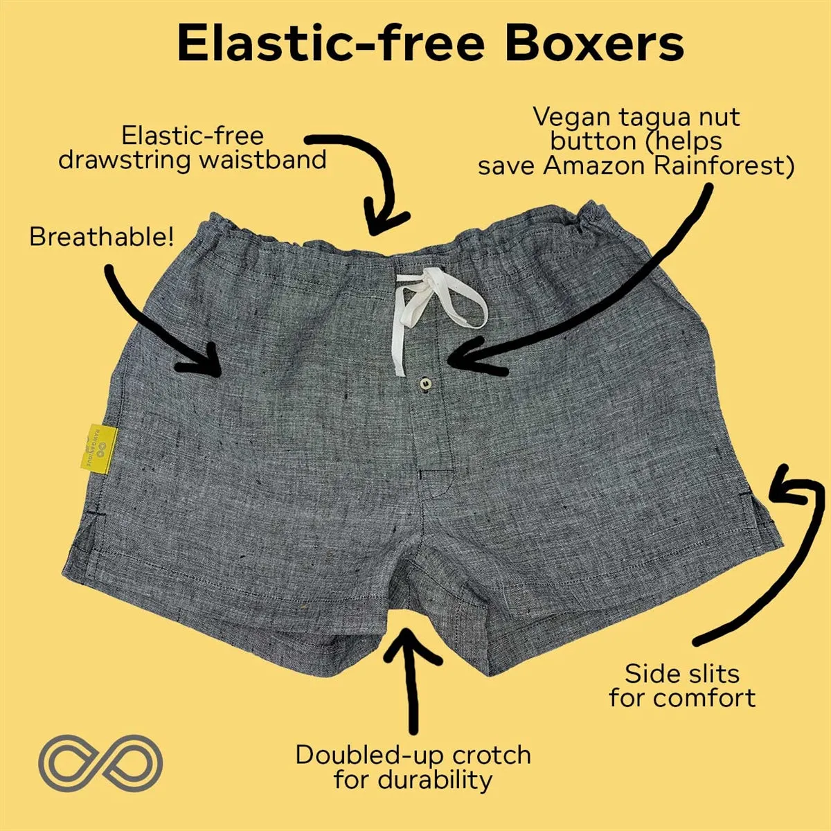 LYON Elastic-free 100% Organic Linen Woven Boxers (Plastic-free Nut Buttons, OC Thread, Latex-Free, Synthetics-free) (100% Biodegradable)