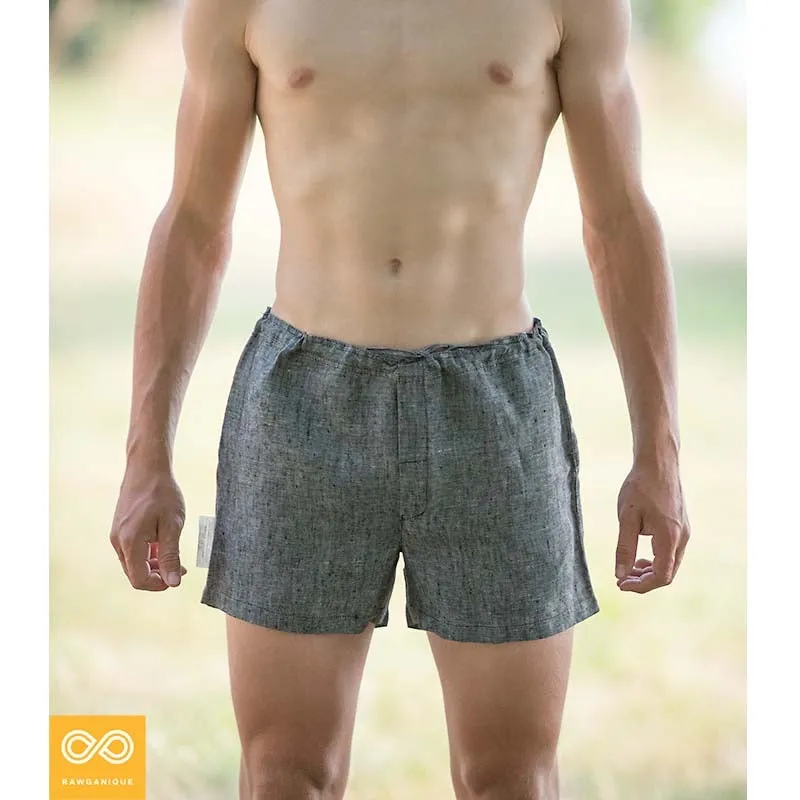 LYON Elastic-free 100% Organic Linen Woven Boxers (Plastic-free Nut Buttons, OC Thread, Latex-Free, Synthetics-free) (100% Biodegradable)