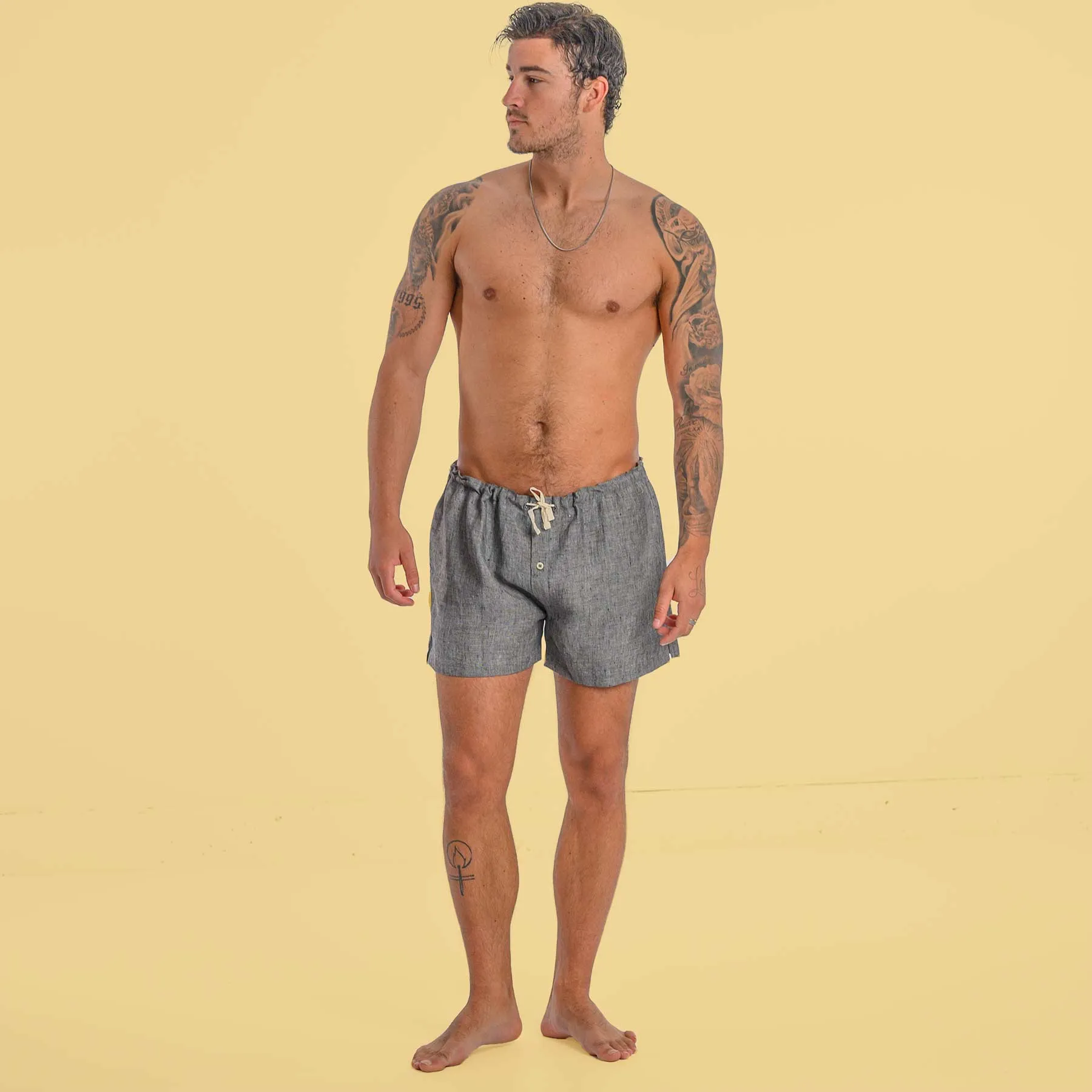 LYON Elastic-free 100% Organic Linen Woven Boxers (Plastic-free Nut Buttons, OC Thread, Latex-Free, Synthetics-free) (100% Biodegradable)