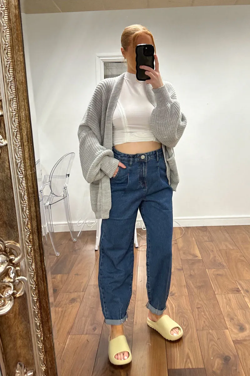 Mid Blue High Waist Turn Up Hem Mom Jeans - Karolina