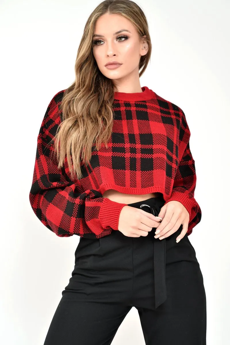 Red Check Batwing Crop Knit Jumper - Marisa