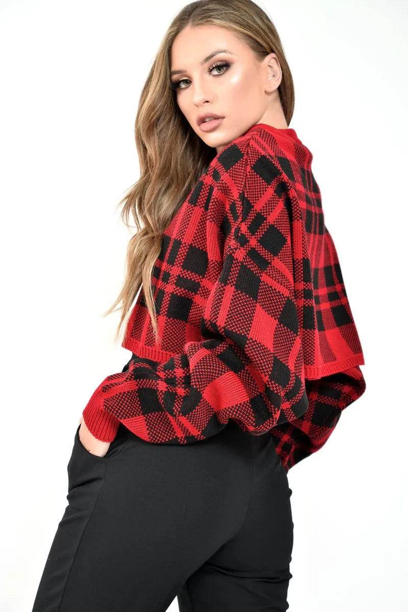 Red Check Batwing Crop Knit Jumper - Marisa