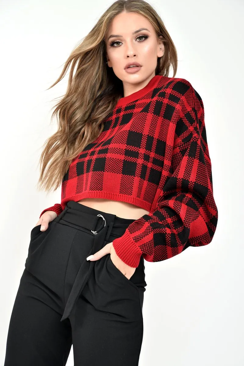 Red Check Batwing Crop Knit Jumper - Marisa