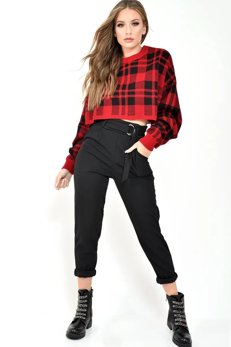 Red Check Batwing Crop Knit Jumper - Marisa