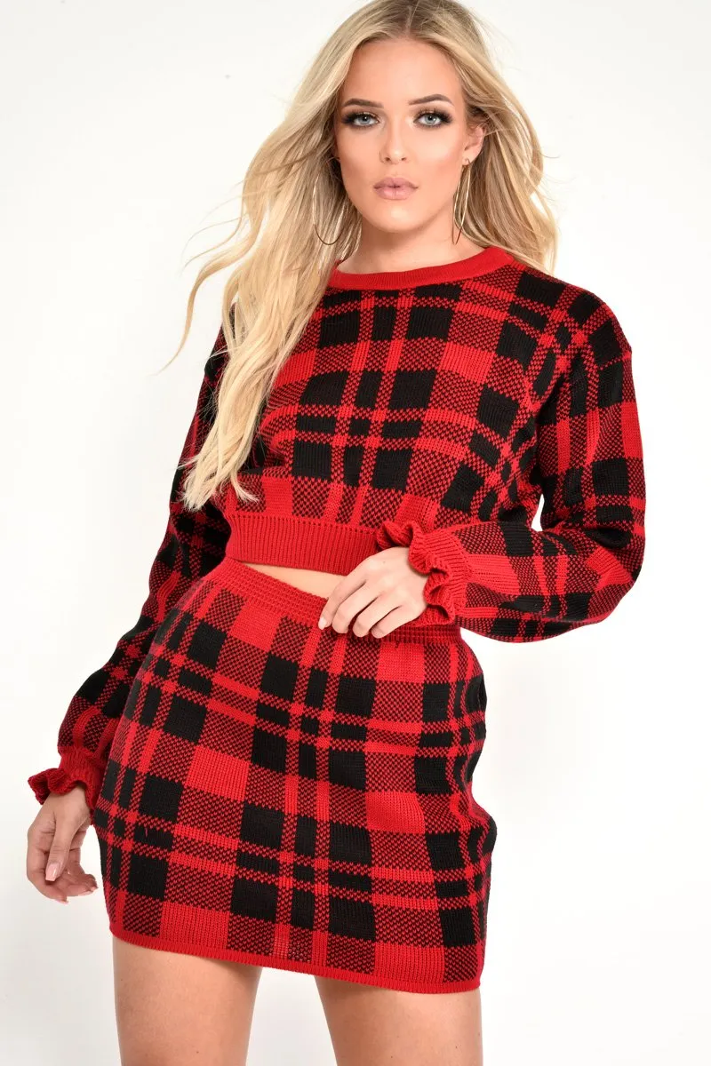 Red Check Knit Mini Skirt - Crissy