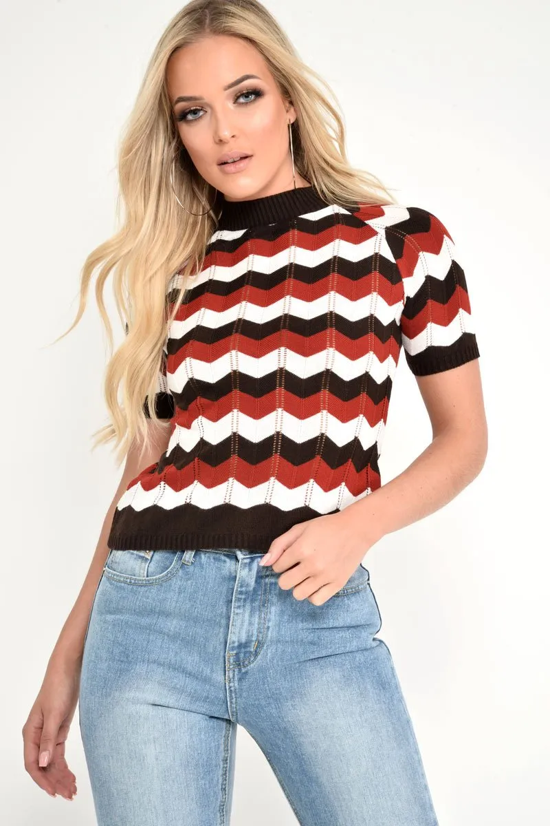 Red Cream Brown Chevron Knit Top - Rosaleah