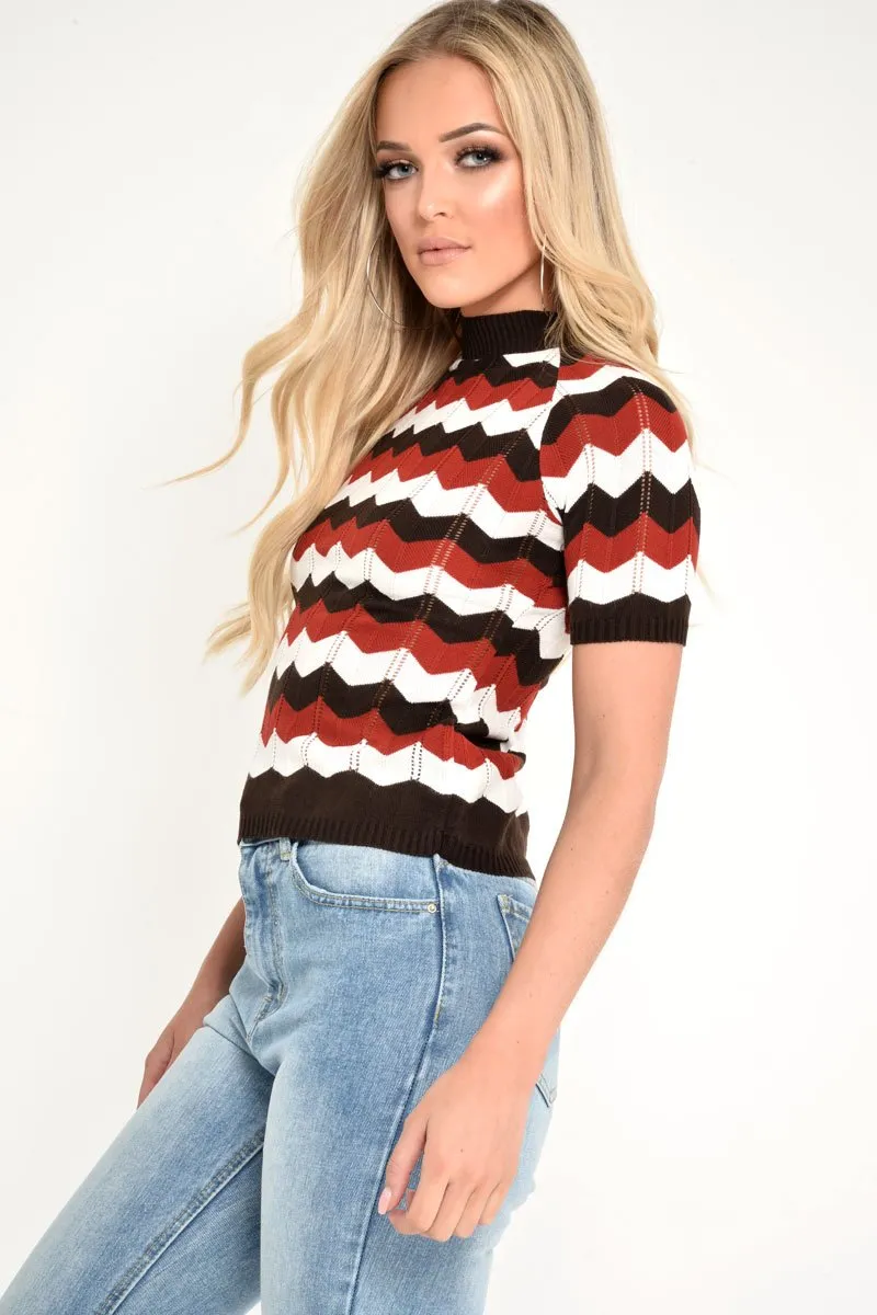 Red Cream Brown Chevron Knit Top - Rosaleah