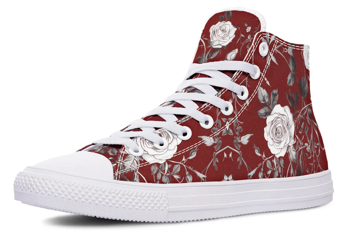 Red Rose Romance High Tops - Classic Premium Canvas Shoes with Comfortable and Durable Soles