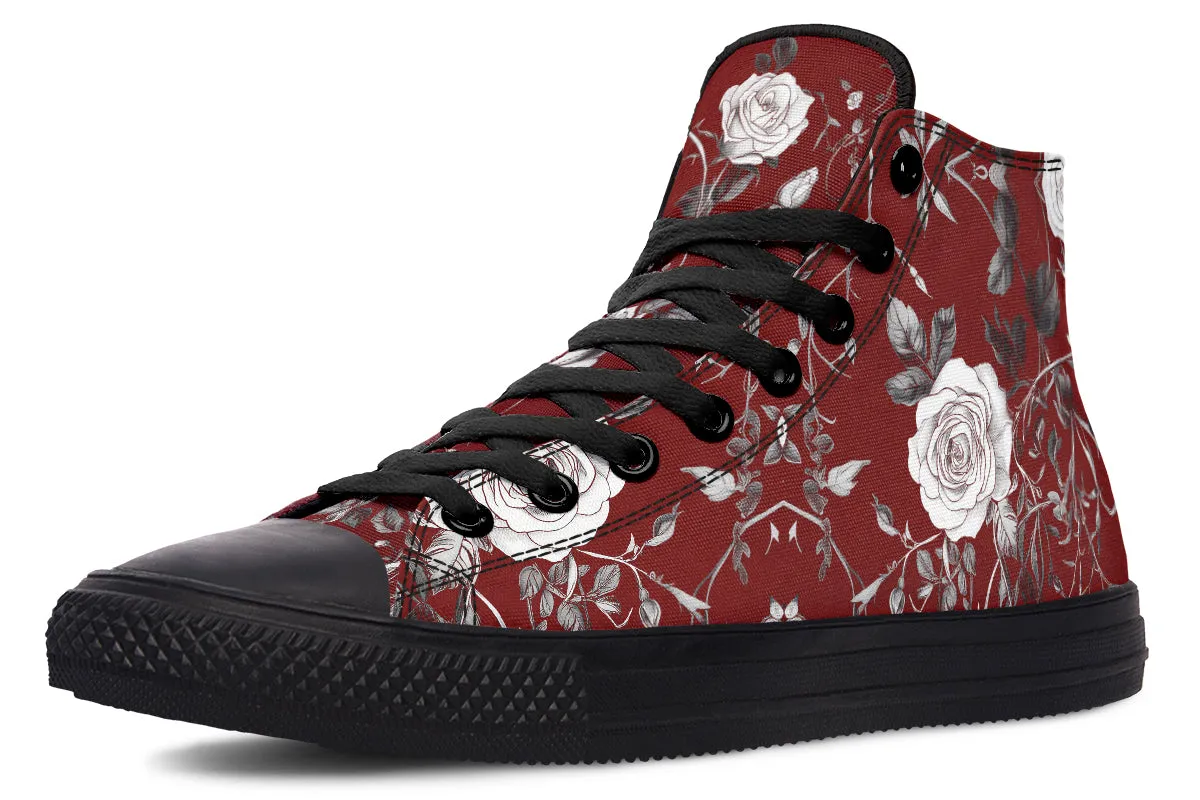 Red Rose Romance High Tops - Classic Premium Canvas Shoes with Comfortable and Durable Soles