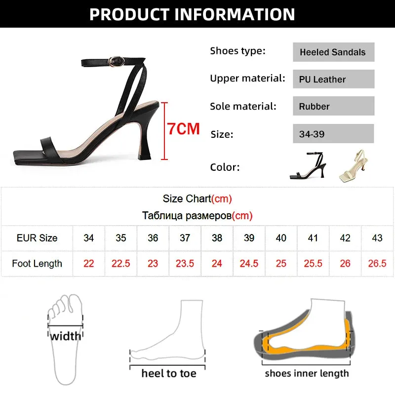 Rimocy Ankle Strap High Heeled Sandals Women Fashion Pu Leather Square Toe Sandles Woman Summer Buckle Party Pumps Shoes Female