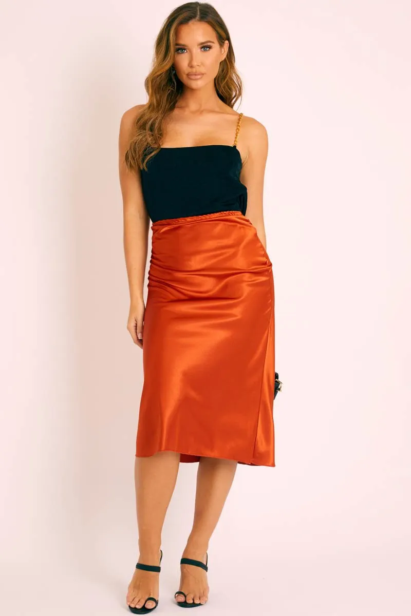 Rust Satin High Waist Floaty Midi Skirt - Dasha