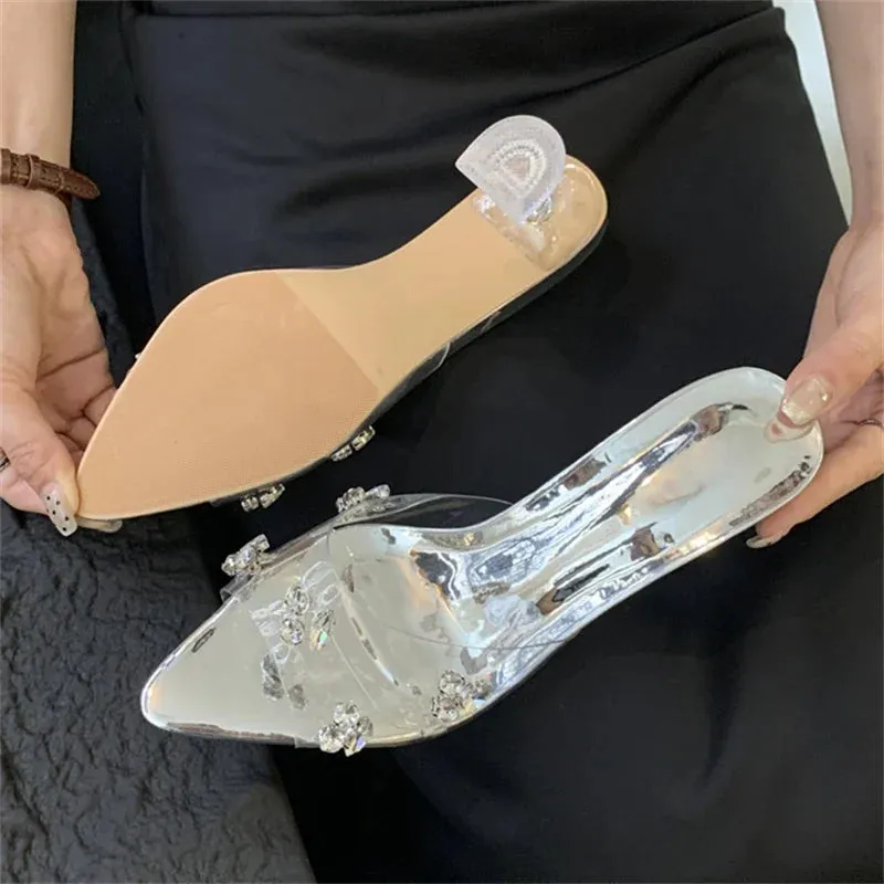 Sexy Diamond PVC Transparent Pointed Toe High Women Slippers Summer Slide Shoes Low Heel Pumps