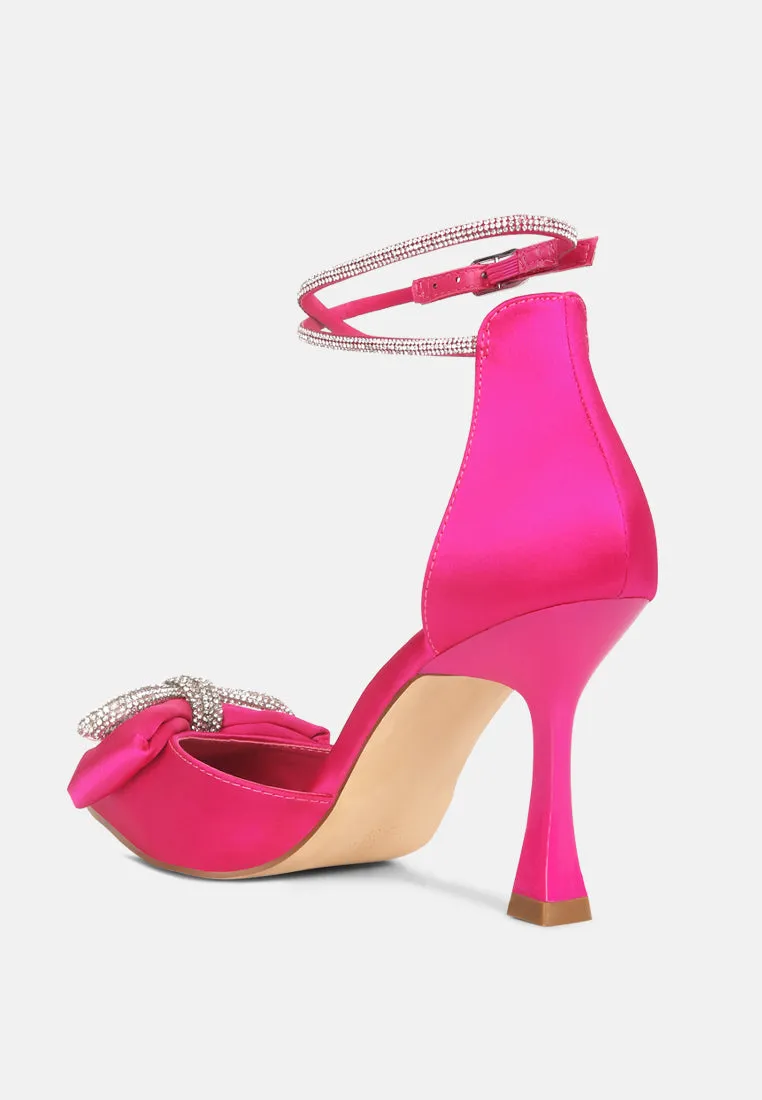 Shoeverse Satin Stiletto Heels With Embellished Bow By Ruw