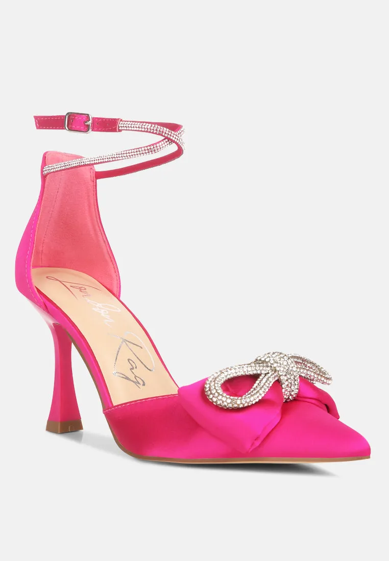 Shoeverse Satin Stiletto Heels With Embellished Bow By Ruw