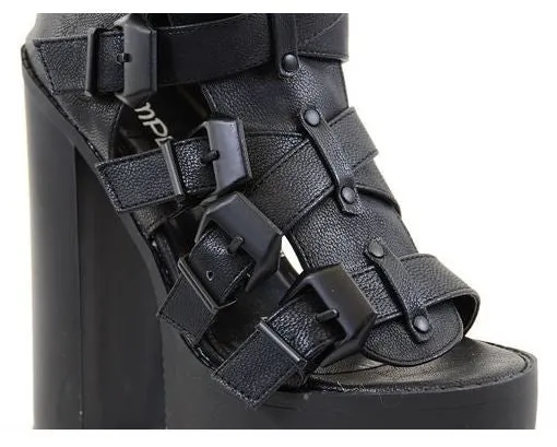 Strappy Buckle Open Toe Lug Platform Heels Black