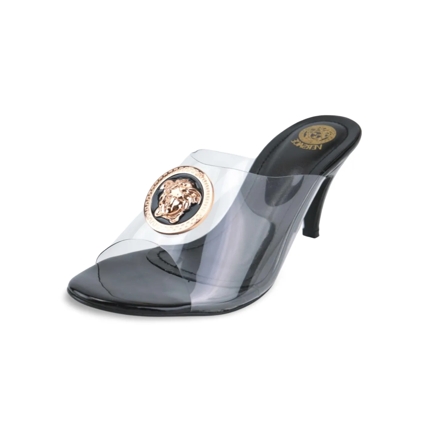 Stylish Transparent PVC Mules with Gold Buckle