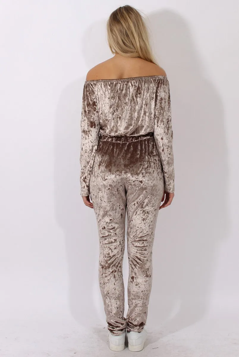 Taupe Crushed Velvet Bardot Split Knee Jumpsuit - Binky