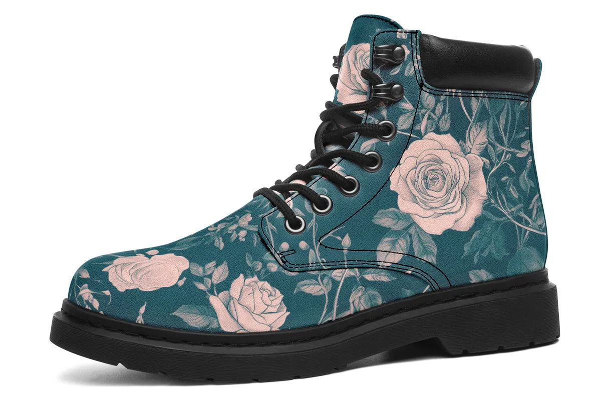 Teal Rose Romance Classic Boots - High Quality Micro-Suede Weatherproof Vegan Shoes with Stitched on Soles