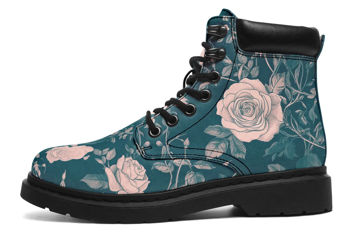 Teal Rose Romance Classic Boots - High Quality Micro-Suede Weatherproof Vegan Shoes with Stitched on Soles